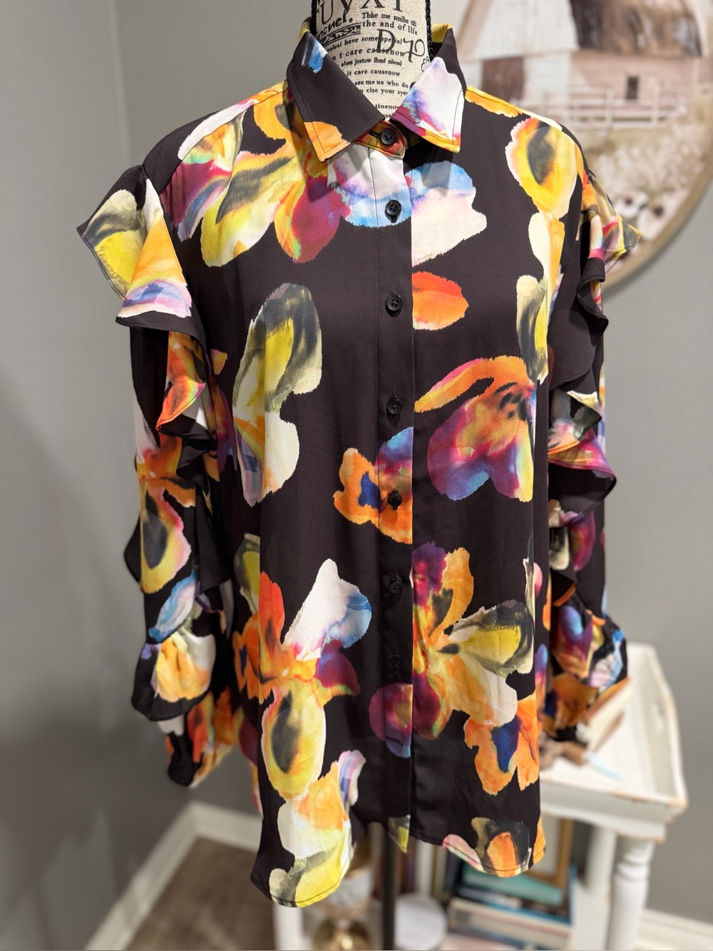 Chico's chiffon botanical Black Floral Ruffle-Sleeve Button Blouse - Picture 6 of 11